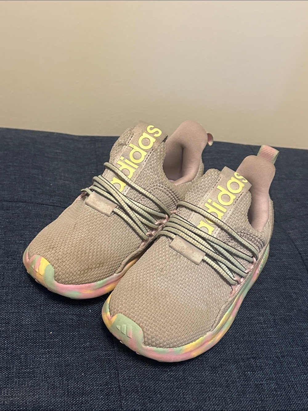 adidas Kids Gray Purple Knit Sneakers with Pastel Multicolor Sole